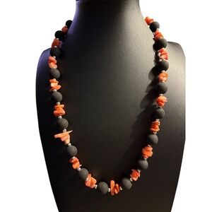 Matte Black Bead Faux? Coral Chip Necklace Silver Tone Beaded Unique 22 in‎